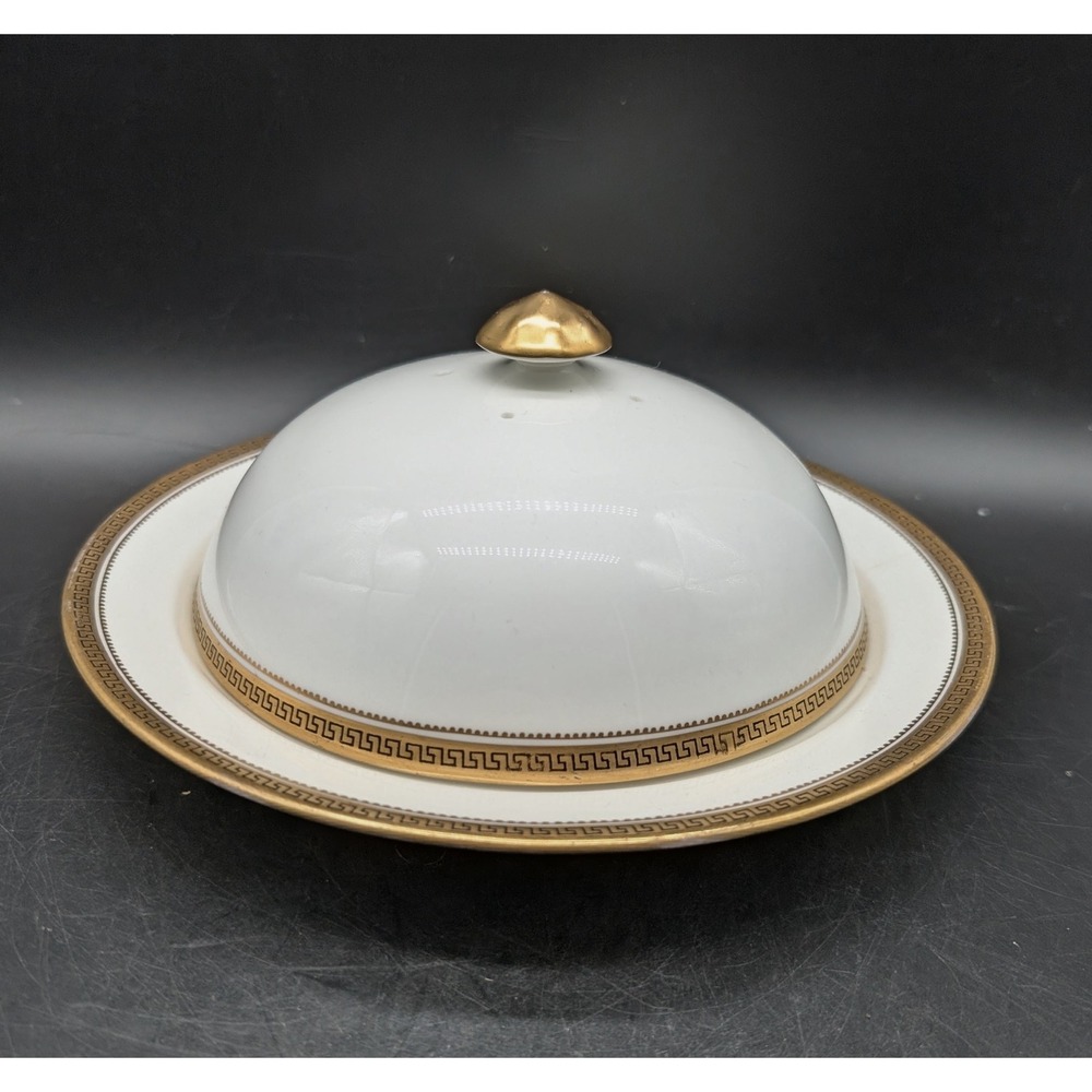 Antique Cauldon Ltd England Gold Greek Key Porcelain Muffin Warmer Butter Dish